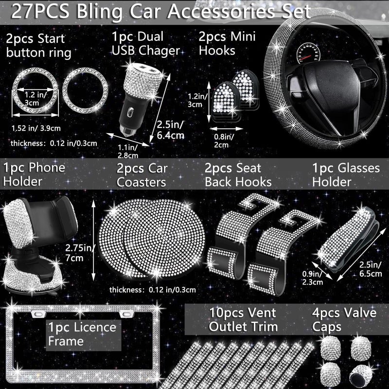 NBTEPEM 27 PCs Bling Car Accessories Set for Women, Steering Wheel Covers Universal Fit 15 Inch, Bling License Plate Frame, Bling Phone Holder, Bling Car Coasters (Silver Diamond) - Image 2